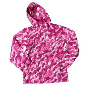 North Face Girls Jacket Medium 10/12 Pink White Print Hooded Windbreaker